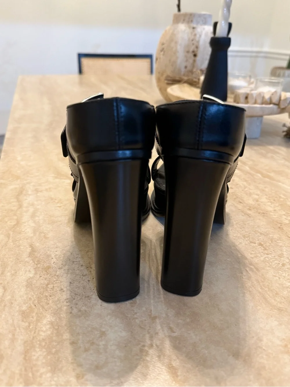 Alexander McQueen Black Leather Platform Buckle Heels